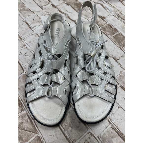 Ara Liv Metallic Silver  Leather Lace Up Ghillie Sandals US 11.5 EU 43 - Picture 1 of 8